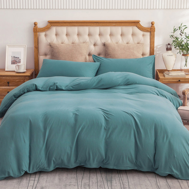 HOME BEDDING Jersey Cotton Duvet Cover Set, Queen Duvet Cover + 2 Standard Shams, Teal Green