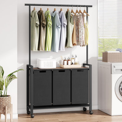 Laundry Sorter, Rolling Laundry Hamper with Hanging Rack, Laundry Hamper 3-Section with Wheels, Hampers for Laundry, Laundry Basket Organizer for Laundry Room, Rustic Brown