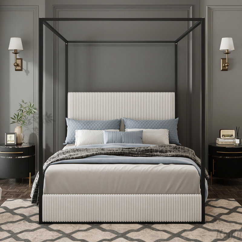 Metal Canopy Bed with Tall Upholstered Headboard and Four Poster, No Box Spring Needed, White, Queen
