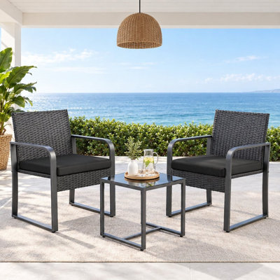 Gizoon 3-piece outdoor wicker rattan patio conversation set with cushions, glass-top coffee table