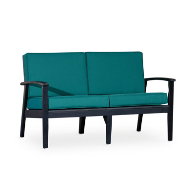 Causeuse en eucalyptus avec coussins, finition espresso, coussins vert foncé