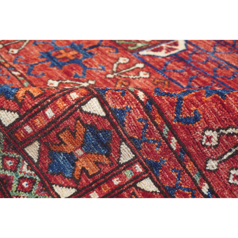 Hand Knotted Wool Southwestern Area Rug in Red/Navy/Ivory/Green
