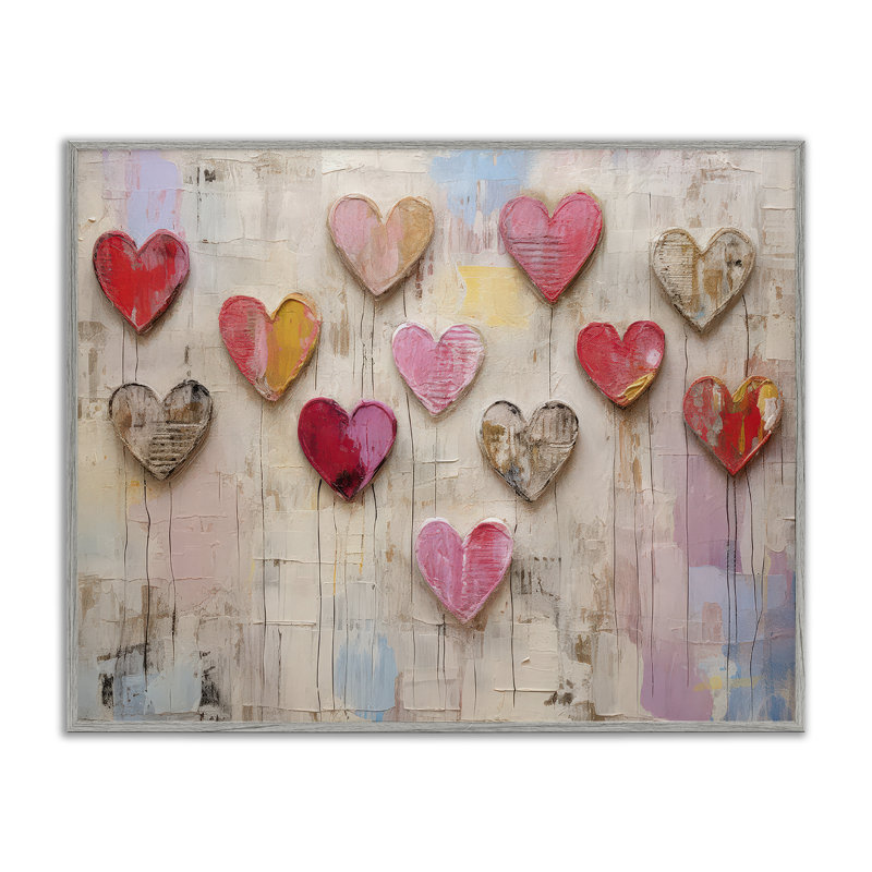 Playful Love Hearts Collage Black Framed Giclee Art by LSR Design Studio, 24" H x 30" W, Farmhouse Grey Framed Giclee