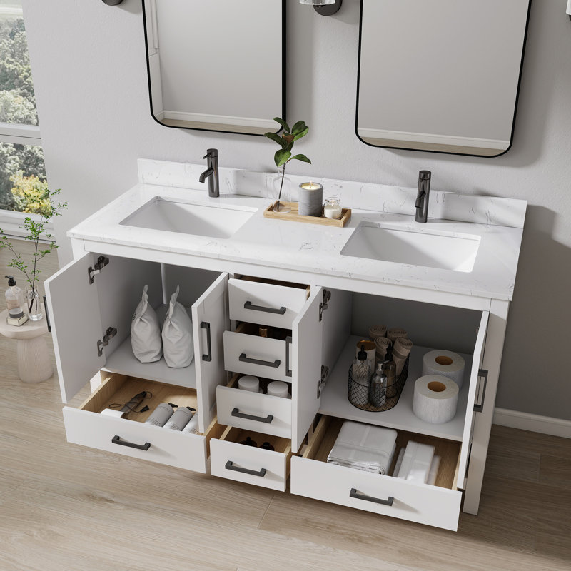 Ensemble de meuble-lavabo autoportant 60 po avec lavabo double 60 po, White, 60"