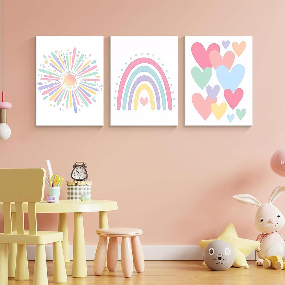3 Piece Toddler Room Decor, Rainbow Wall Decor For Bedroom, Colorful Boho Sunshine Paintings For Nursery Decor, Kids Room Wall Decor, Classroom Decora