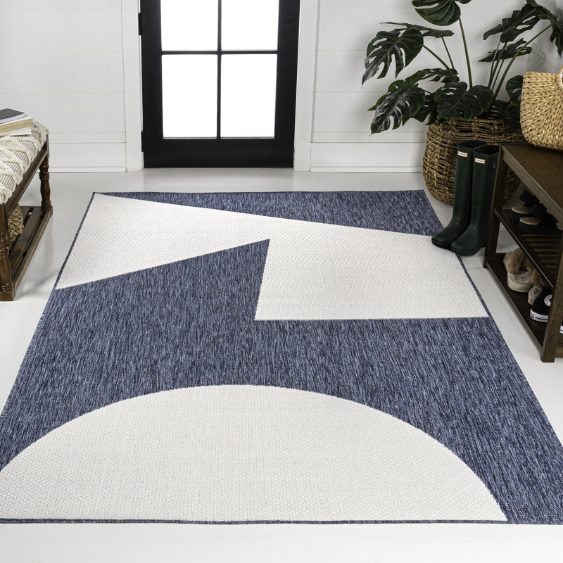 Orbie Modern Geometric Abstract Two-Tone Navy/Cream Indoor/Outdoor Rug, Rectangle 4' x 6'