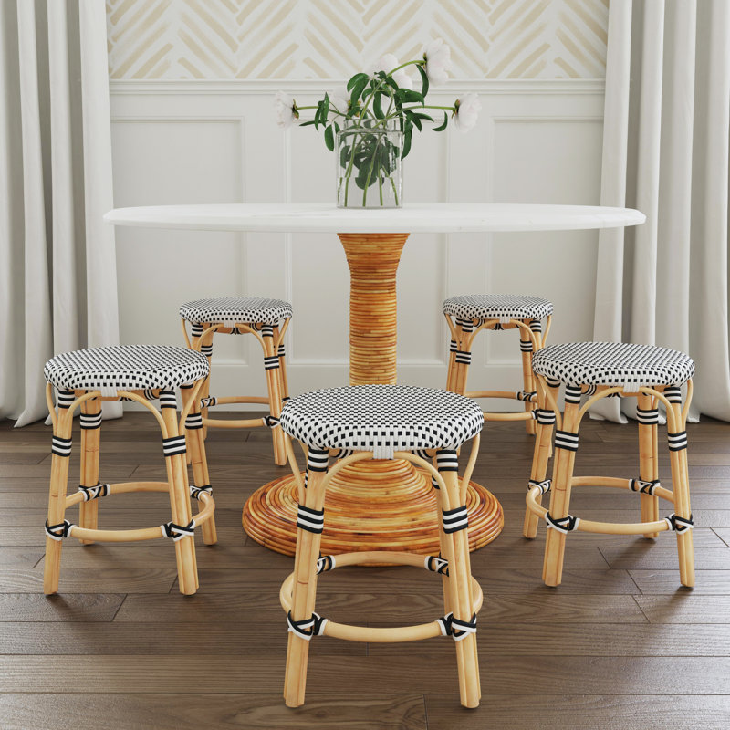 Tobias Rattan Dining Short Stool, White/Black Dot/Natural Rattan Frame