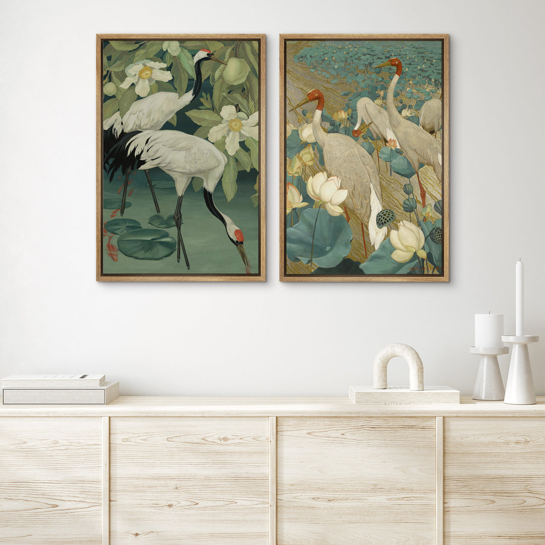 Emerald Green Crane Heron Bird In Lotus Pool - Animal Pictures Wall Art Frame Canvas 2 Pieces Print wall26 Overall 
