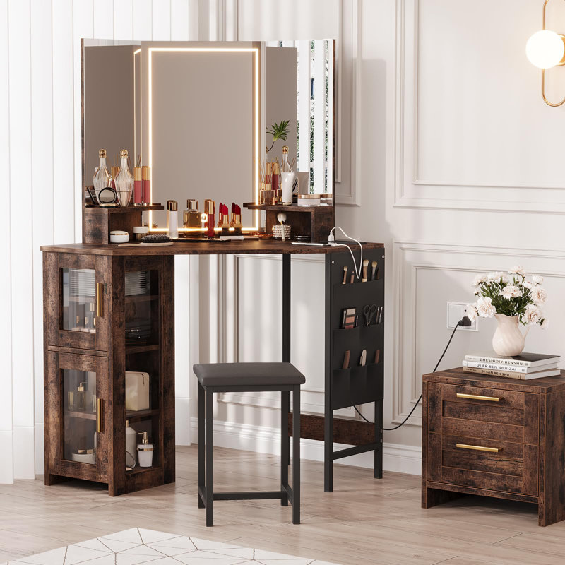 Bureau de coin de meuble-lavabo avec miroir lumineux à DEL et 3 ports USB pour studio de maquillage