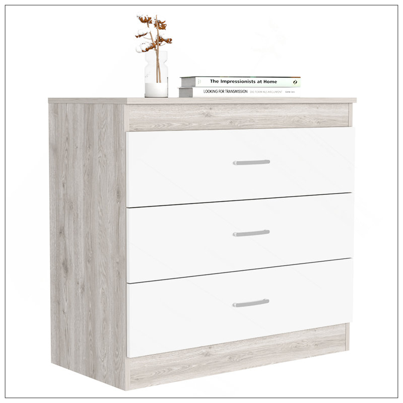 Commode H 29 po, trois tiroirs, quincaillerie en métal, plateau supérieur, gris clair / blanc
