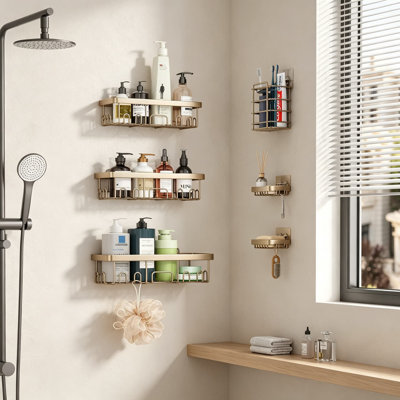 Ensemble de 6 paniers de douche imperméables et antirouille, tablettes murales adhésives, organisateur de salle de bain grande capacité pour shampooing et savon, installation sans perceuse, gris clair, pour dortoir universitaire, appartement et salle de bain principale