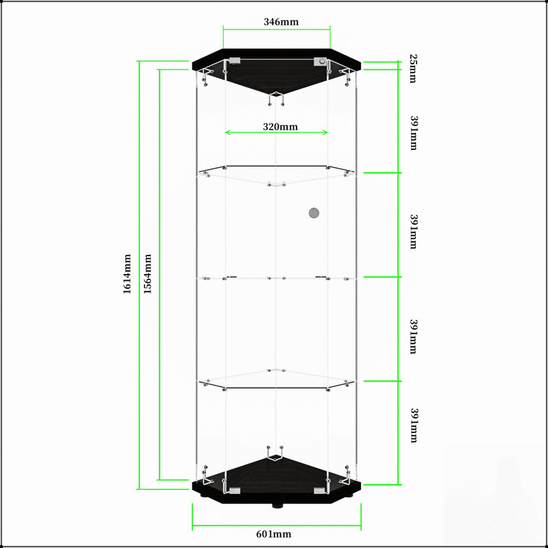 Vitrine Pentagon en verre avec 4 tablettes, éclairage DEL et installation rapide pour le salon, la chambre à coucher ou le bureau