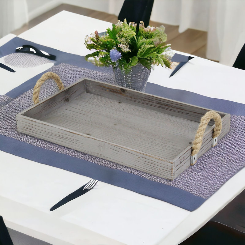 Baltazar Wooden Tray with Rope Handles, Gray