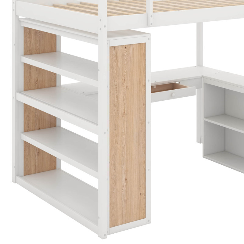 Lit mezzanine double avec tablettes et bureau, Blanc