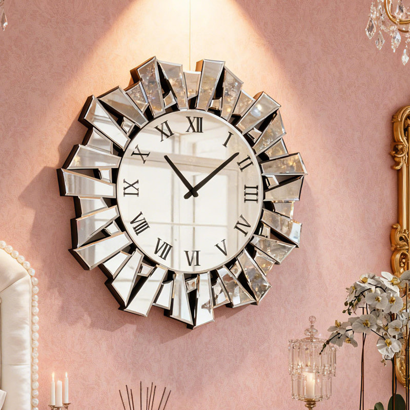 Glass Wall Clock Silent Mirrored Sunburst Accent Clock 60x60cm