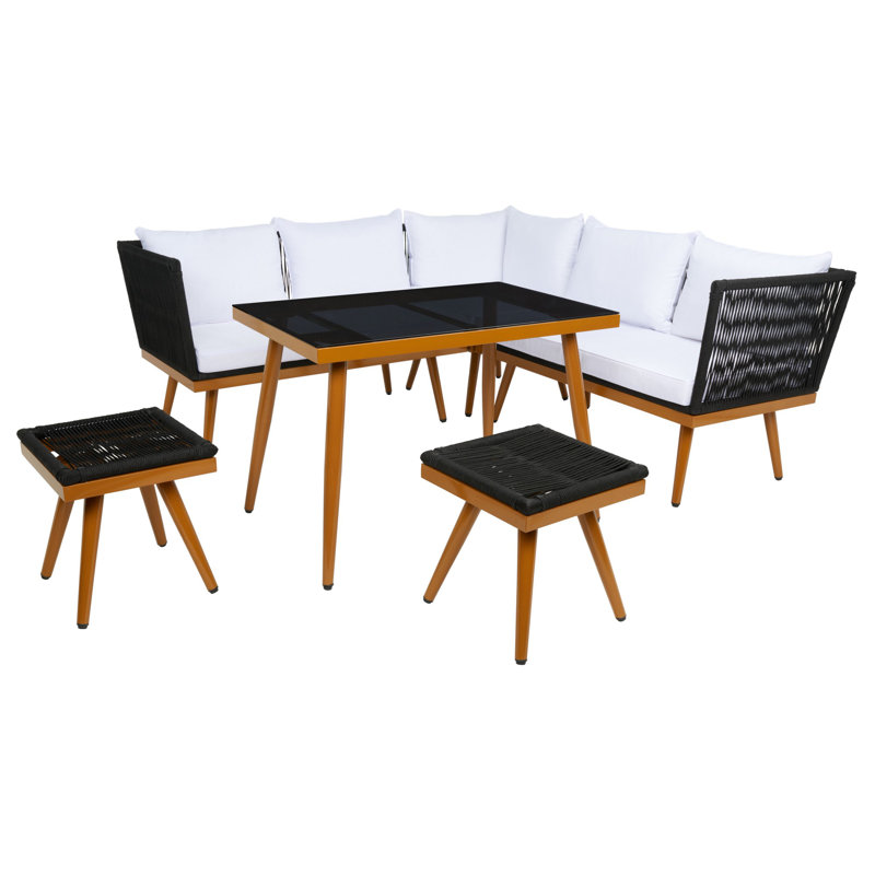 Ensemble de salle à manger rectangulaire avec coussins 127,9 po pour 5 personnes Faiqah, Blanc, Noir / brun