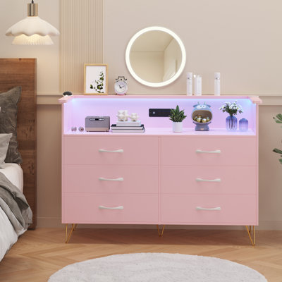 Commode 6 tiroirs avec lumières DEL et station de charge - Commode large moderne, structure en acier robuste, plateau en bois, poignées faciles à tirer, rose
