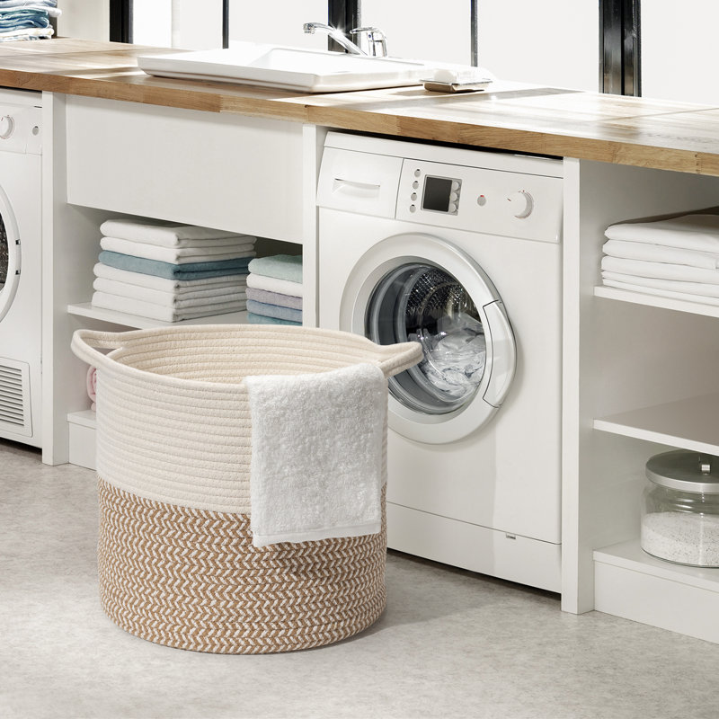 Fabric Laundry Basket with Handles, White/Brown, Small (13" H x 14" W x 14" D)
