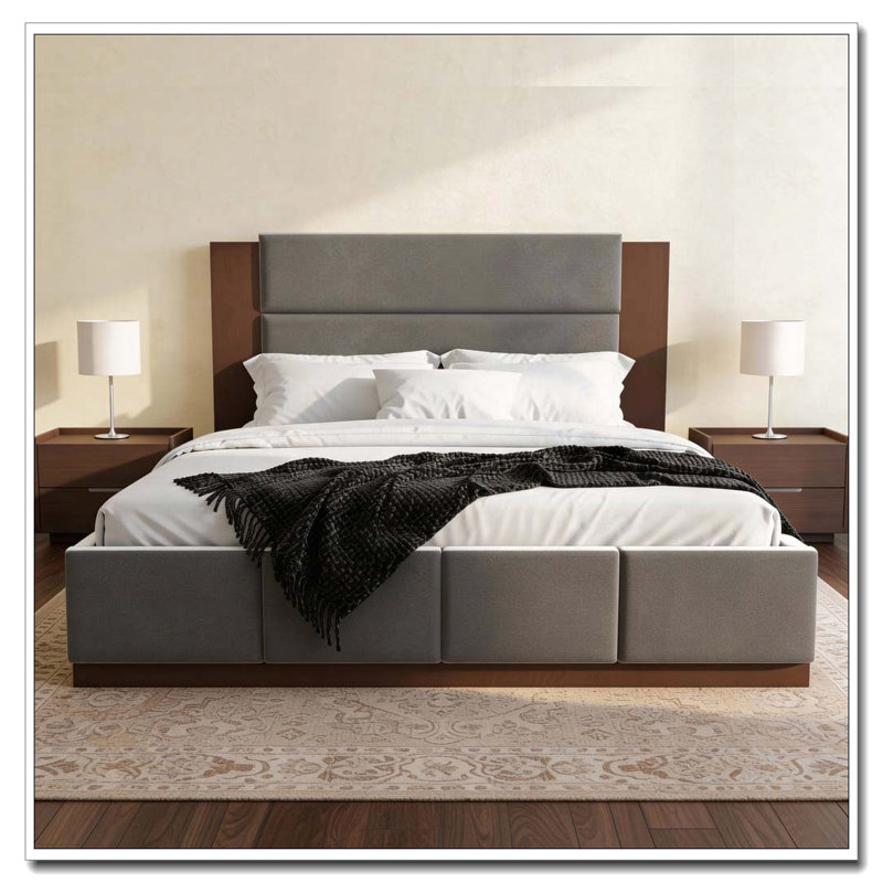 Upholstered Platform Bed Frame with Wood Base, No Box Spring Needed, Grey, King