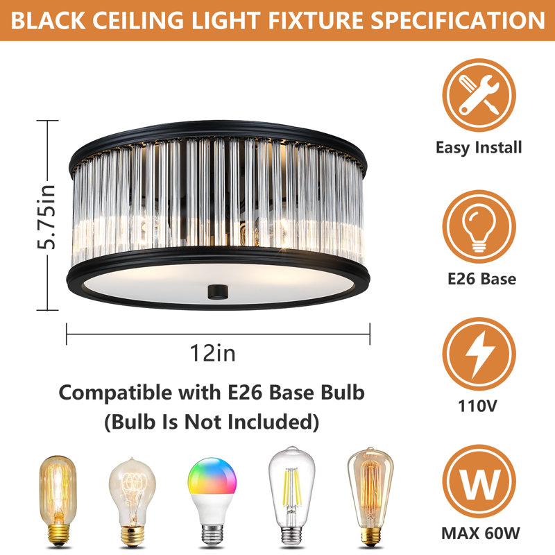 12" 2-Light Dimmable Crystal Flush Mount Lighting, Matte Black