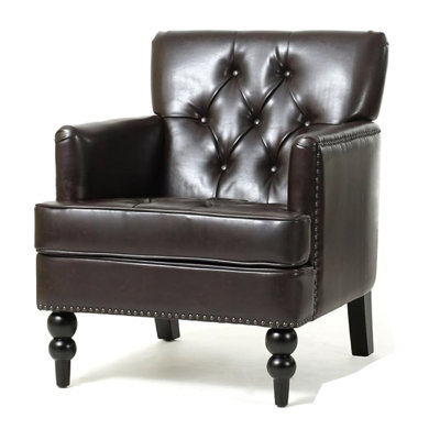 Lit Club Armchair, Turned Birch Wood Legs, Brown Tufted Faux Leather