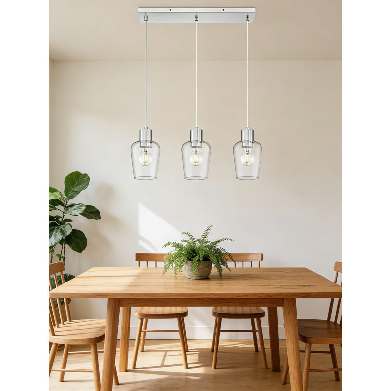Lustre linéaire à 3 lumières avec abat-jour en verre transparent, luminaire suspendu en nickel brossé à hauteur réglable pour îlot de cuisine, salle à manger et décor de maison de campagne
