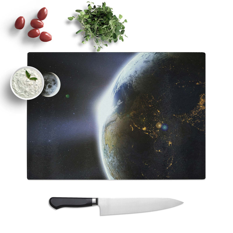 Tempered Glass The Moon and Planet Earth Chopping Board, 39 cm W x 28.5 cm L