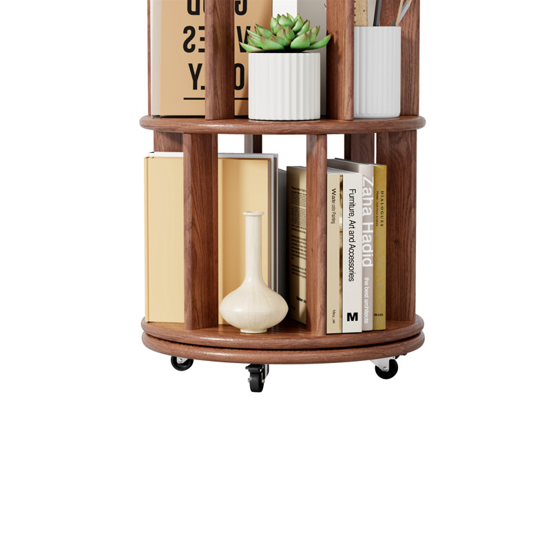 Bibliothèque rotative 100% bois massif sur roulettes, (5 tablettes) H 65 po x l 17,3 po x P 17,3 po