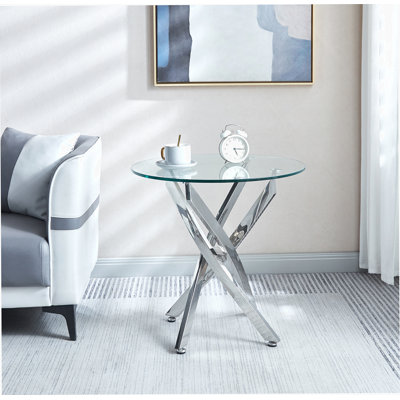 Table de bout moderne en verre trempé avec pieds en acier inoxydable