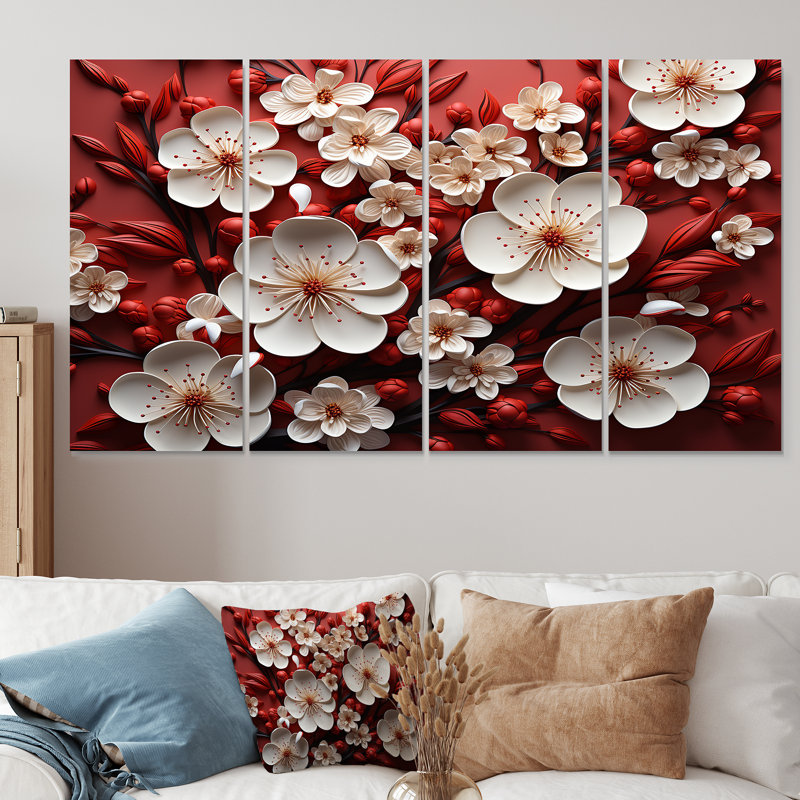 Orchidées blanches et rouges II - ensemble d'art mural abstrait floral 4 pièces, H 32 po x l 64 po