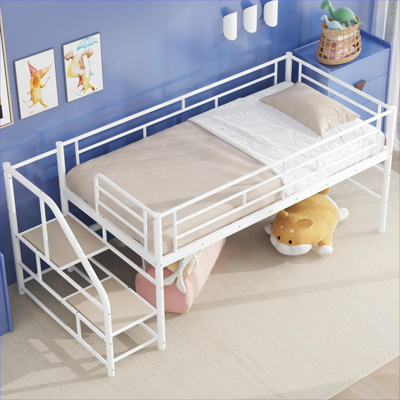 Lit plateforme en panneau de fibres à densité moyenne et métal, finition blanche, lit mezzanine simple avec rangement intégré, peu encombrant pour les chambres d'enfant