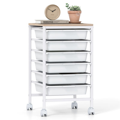  6-Drawer Rolling Storage Cart with Sturdy Wooden Top, Compact Organizer for Office, Craft Room, or Salon, White & Natural