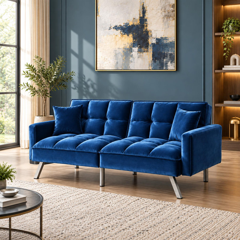 Orianna 2 Seater Convertible Velvet Sleeper Sofa, Blue Velvet