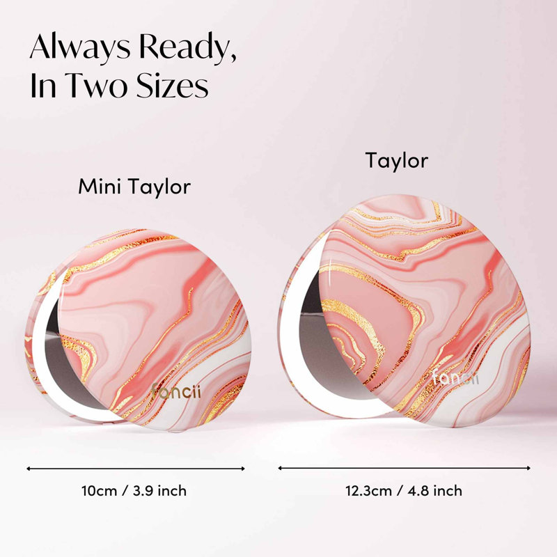 Pataricia Compact Makeup Mirror with LED Light, Rechargeable, 10x/1x Magnifying, 4” Wide Mirror for Purse (Marble Rosè)