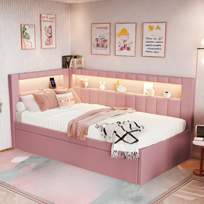 Upholstered Platform Bed with USB Ports, LED Belt and Trundle Shorifa