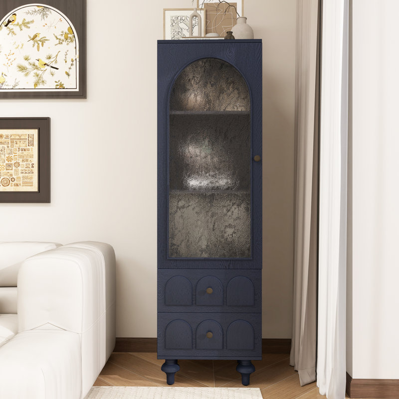 63''Tall Storage Cabinet With 2 Drawers,Blue Floor Cabinet With Glass Door For Living Room,Modern Cabinet For Kitchen,Bathroom