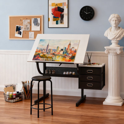 Adjustable Drawing Table With Stool & 3 Storage Drawers, Tilting Craft Desk For Art, Writing And Reading, 35.43" X 23.62" Workstation by Inbox Zero