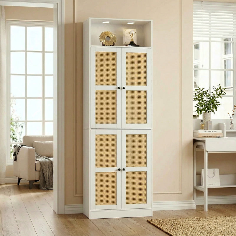 Grande bibliothèque de rangement en bois de rotin à 7 niveaux H 85,8 po x l 23,6 po, bibliothèque avec armoire de rangement et plafonniers blancs pour salon, bureau