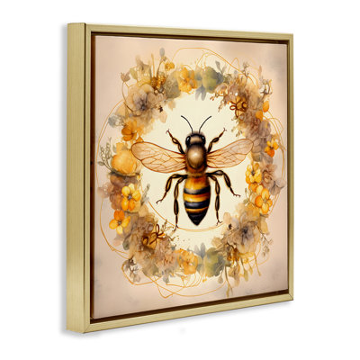 «Country Bee Wreath», art mural encadré noir sur toile flottante par Petal Prints Design
