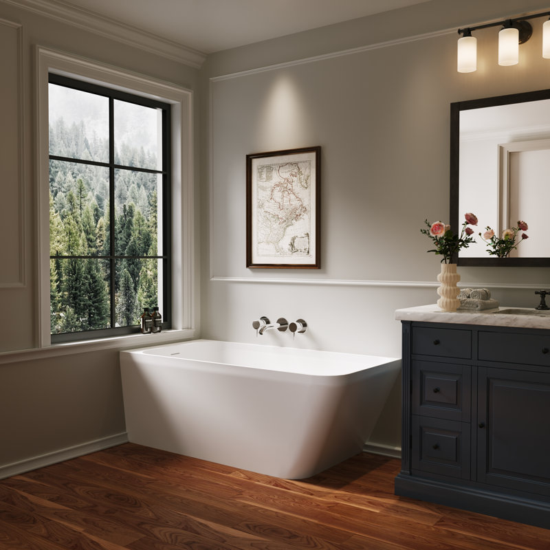 59" Solid Surface Alcove Soaking Bathtub with Integrated Apron, White Built-In Tub (TL8859-59MW)