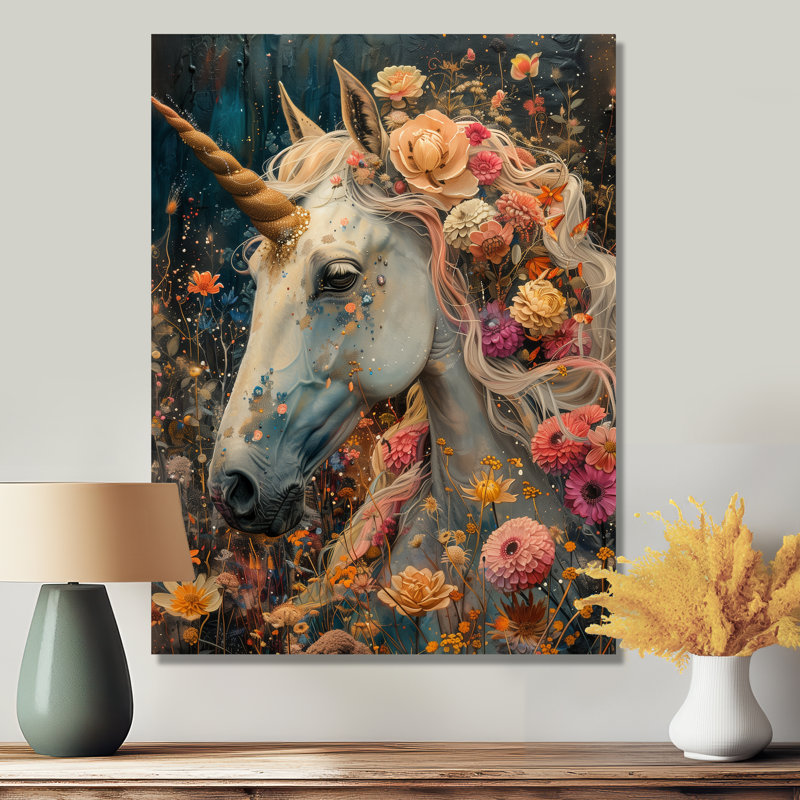 Blanc et rose, merveilles de licorne III, art mural licornes, Sans cadre, métal, H 32 po x l 16 po x P 1 po
