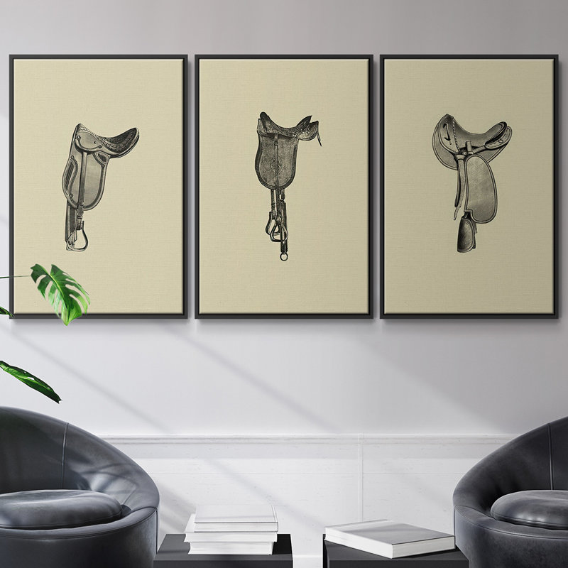 Antique Saddle II, ensemble de 3 toiles encadrées sur toile, H 40 po x l 78 po, Noir