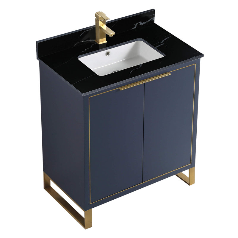 Gesa 30'' Single Bathroom Vanity with Stone Top, Navy Blue, Satin Brass
