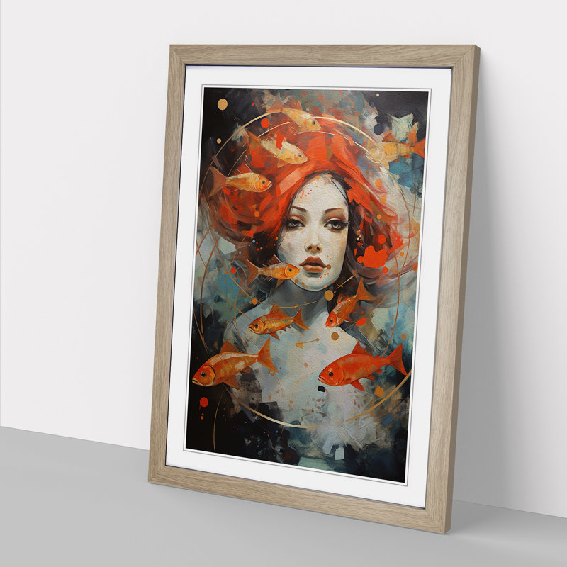 Pisces Zodiac Expressionism - Single Picture Frame Print on Wood, Oak Framed, 64cm H x 46cm W x 2cm D