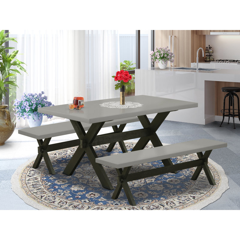 3 Piece Modern Dining Table Set Contains a Rectangle Wooden Table with X-Legs and 2 Dining Room Bench, Wire Brushed Black base Finish