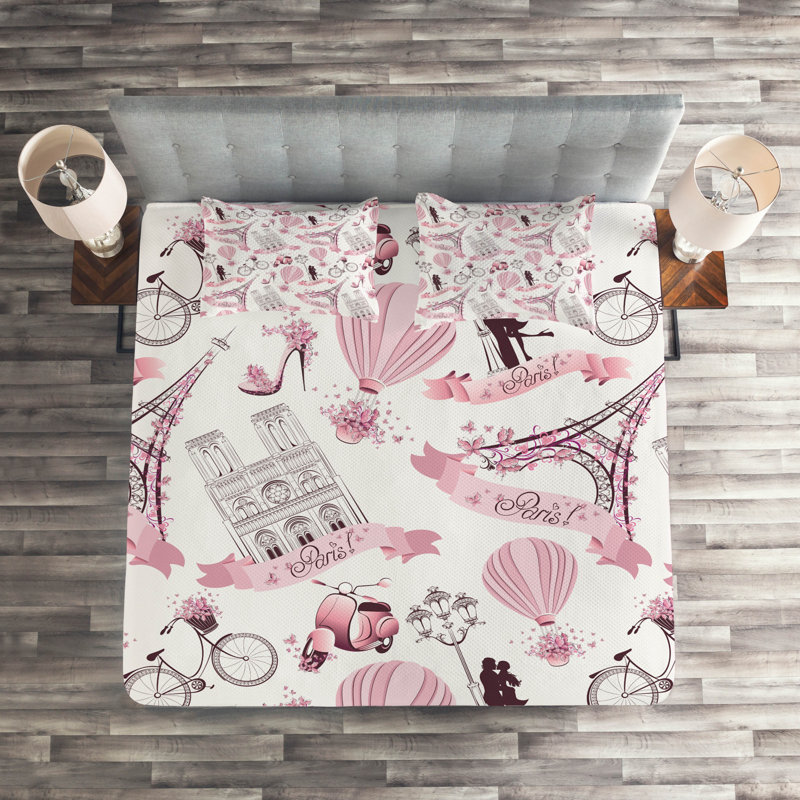 Eiffel Tower Eclectic Polyester Coverlet, King Bedspread + 2 Shams