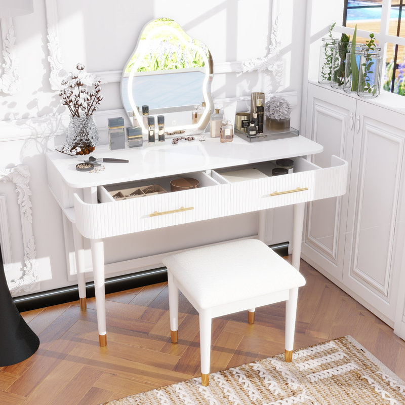 Ensemble de coiffeuse 40 "moderne avec miroir à écran tactile lumineux, coiffeuse et tabouret rembourré avec 2 grands tiroirs, blanc