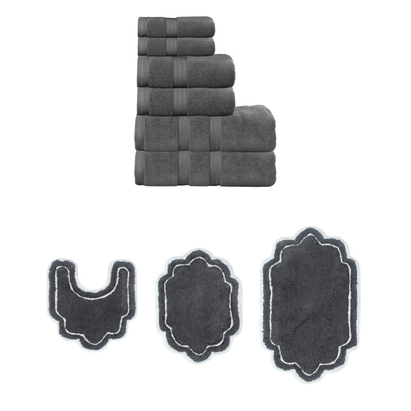 Talbert Collection 100% Soft Cotton 6 Pc Towel Set & 3 Pc Bath Rug Set, (Set of 9), Dark Gray