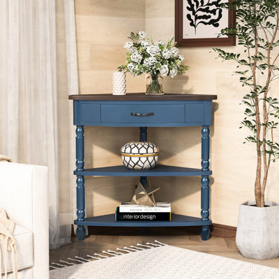 Petite table d'angle 33,8 po bleu marine avec plateau supérieur à 3 niveaux avec pieds en bois massif, parfaite pour les espaces de vie dans les balcons des chambres, facile à assembler avec un espace de finition facile, plateau de table imperméable