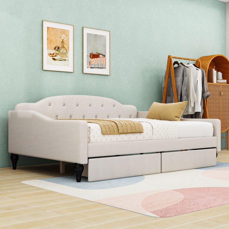 Full-Size Linen Upholstered Daybed with Two Drawers